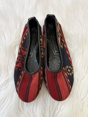 Turkish Boho Indie Woven Tapestry Textile Red Navy Ethnic Ballet Flats